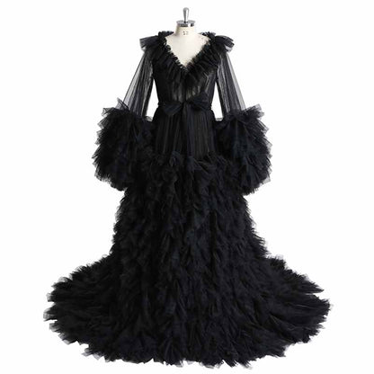 Women Tulle Robe Puffy Gown Long Sleeves Court Train Tie Closure