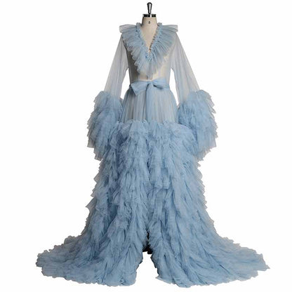 Women Tulle Robe Puffy Gown Long Sleeves Court Train Tie Closure