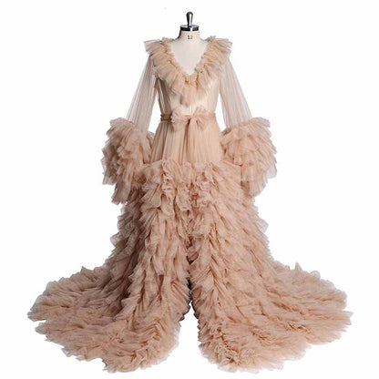 Women Tulle Robe Puffy Gown Long Sleeves Court Train Tie Closure