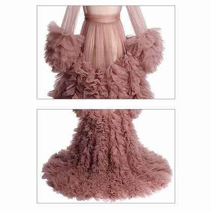 Women Tulle Robe Puffy Gown Long Sleeves Court Train Tie Closure