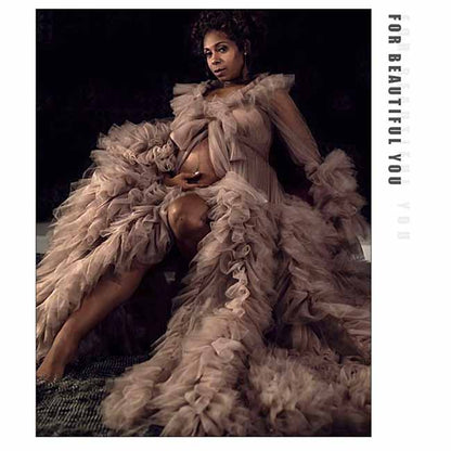 Women Tulle Robe Puffy Gown Long Sleeves Court Train Tie Closure