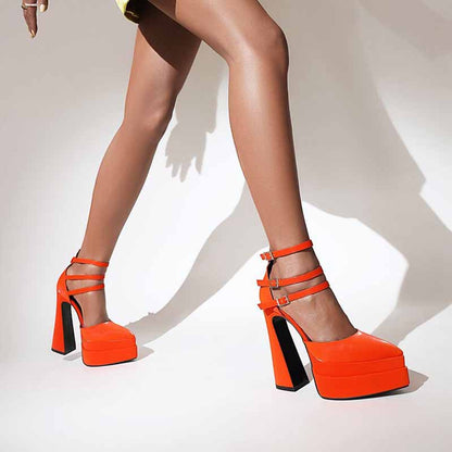 Women's Platform Pumps Chunky Ankle Strap Round Toe High Heel Shoes