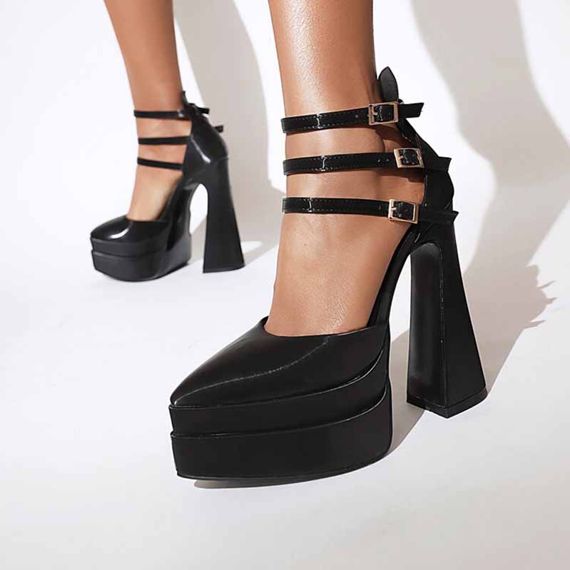 Women's Platform Pumps Chunky Ankle Strap Round Toe High Heel Shoes