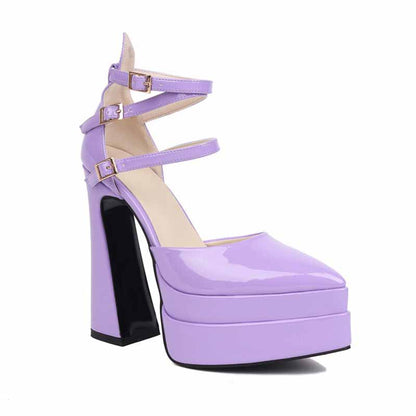 Women's Platform Pumps Chunky Ankle Strap Round Toe High Heel Shoes