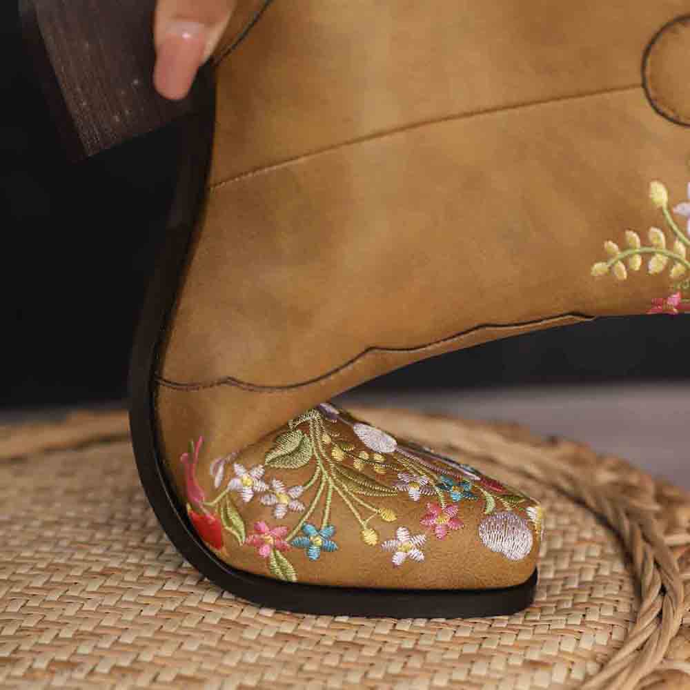 Women's Embroidered Western Short Cowgirl Boots Chunky Heel Boots