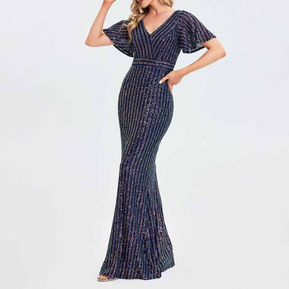 Women's V-Neck Short Sleeve Prom Sequin Wedding Party Evening Dress