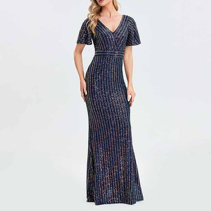 Women's V-Neck Short Sleeve Prom Sequin Wedding Party Evening Dress
