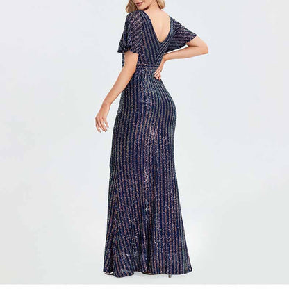 Women's V-Neck Short Sleeve Prom Sequin Wedding Party Evening Dress