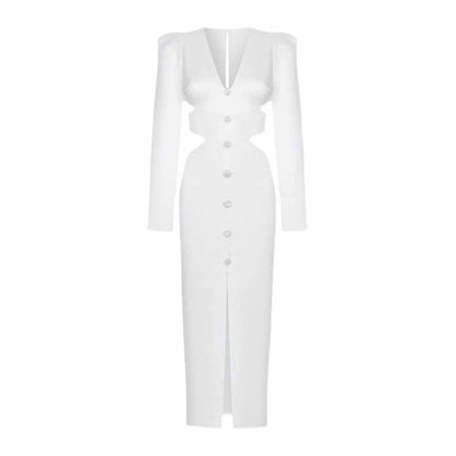 Women's Deep-V White Long Sleeve Hollow Out Dress One Piece High Split Dress