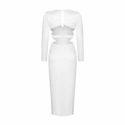 Women's Deep-V White Long Sleeve Hollow Out Dress One Piece High Split Dress