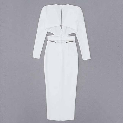 Women's Deep-V White Long Sleeve Hollow Out Dress One Piece High Split Dress