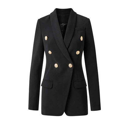 Womens Double Breasted Blazer V-Neck Long Sleeve Gold Buttons Blazer