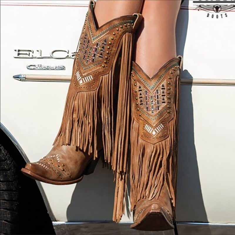 Mid Calf Cowgirl Boots Western Country Boots with Fringe