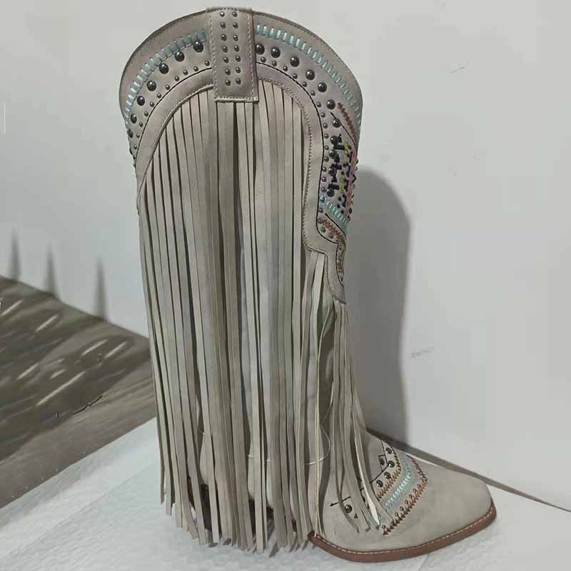 Mid Calf Cowgirl Boots Western Country Boots with Fringe