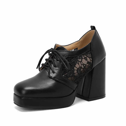 Classic Lace Up Platform Mid-Heel Square Toe Chunky Shoes