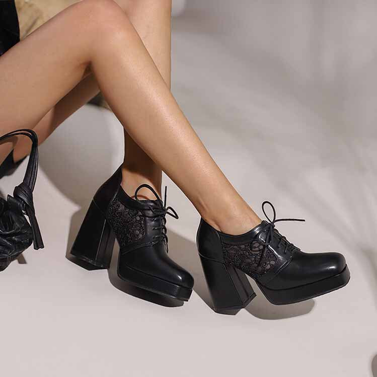 Classic Lace Up Platform Mid-Heel Square Toe Chunky Shoes