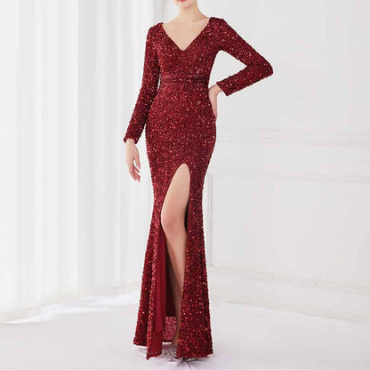 Women's Sexy Long Sleeve V Neck Wrap Side Split Bodycon Cocktail Party Maxi Dress S-4XL