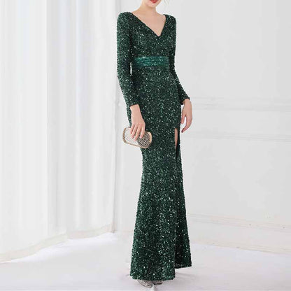 Women's Sexy Long Sleeve V Neck Wrap Side Split Bodycon Cocktail Party Maxi Dress S-4XL