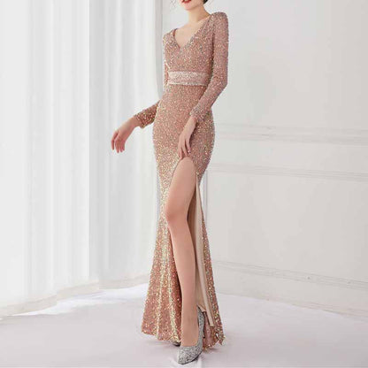 Women's Sexy Long Sleeve V Neck Wrap Side Split Bodycon Cocktail Party Maxi Dress S-4XL