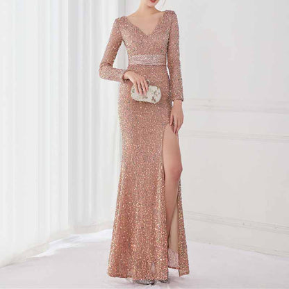 Women's Sexy Long Sleeve V Neck Wrap Side Split Bodycon Cocktail Party Maxi Dress S-4XL