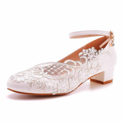 Women Square Toe White Chunky Sandals Bridal White Lace Wedding Shoes