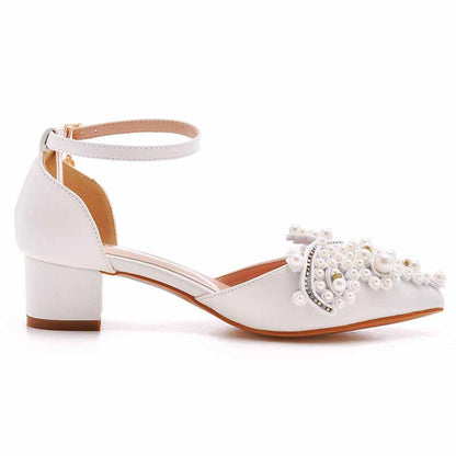 Women Block Heels Pearls Wedding Shoes Closed Toe Prom Party Sandals