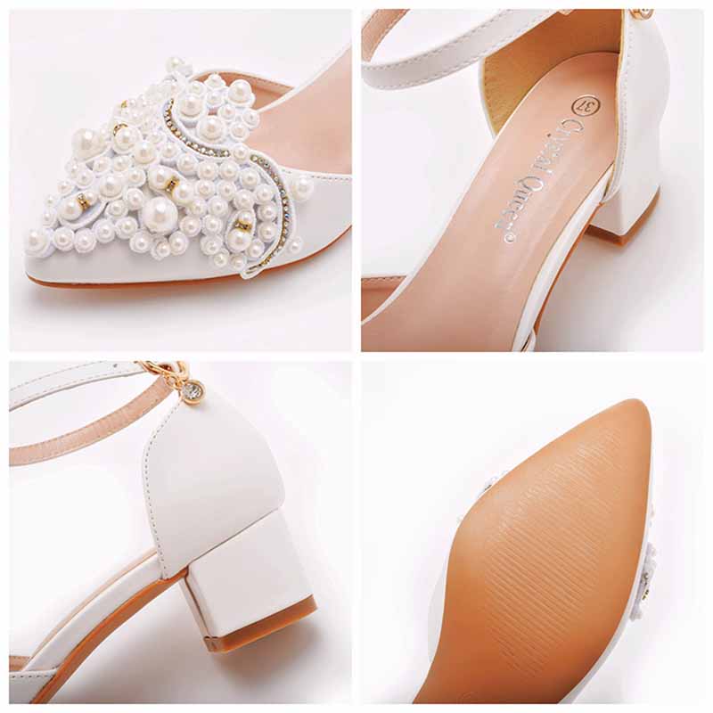 Women Block Heels Pearls Wedding Shoes Closed Toe Prom Party Sandals