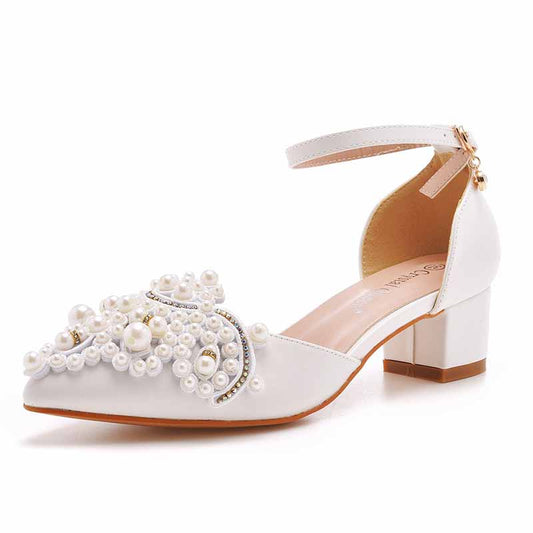 Women Block Heels Pearls Wedding Shoes Closed Toe Prom Party Sandals