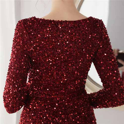Women Wedding Party Dress Long Sleeve Sequin Dress Split Formal Evening Gowns