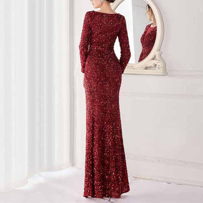 Women Wedding Party Dress Long Sleeve Sequin Dress Split Formal Evening Gowns