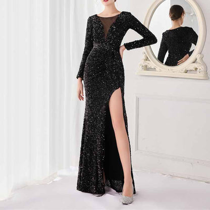 Women Wedding Party Dress Long Sleeve Sequin Dress Split Formal Evening Gowns