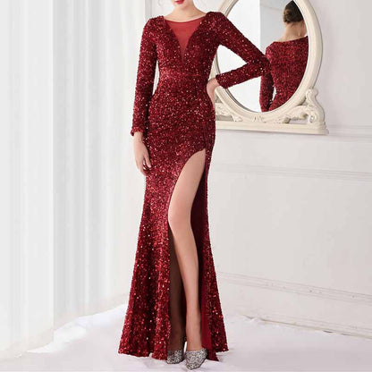 Women Wedding Party Dress Long Sleeve Sequin Dress Split Formal Evening Gowns