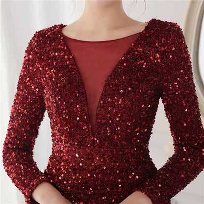 Women Wedding Party Dress Long Sleeve Sequin Dress Split Formal Evening Gowns