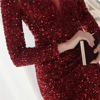 Women Wedding Party Dress Long Sleeve Sequin Dress Split Formal Evening Gowns