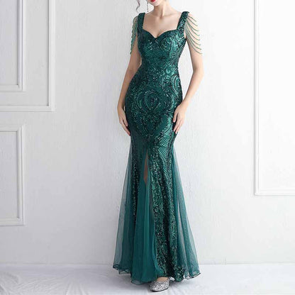 Women's Illusion Embroidery Elegant Mermaid Evening Dress S-4XL