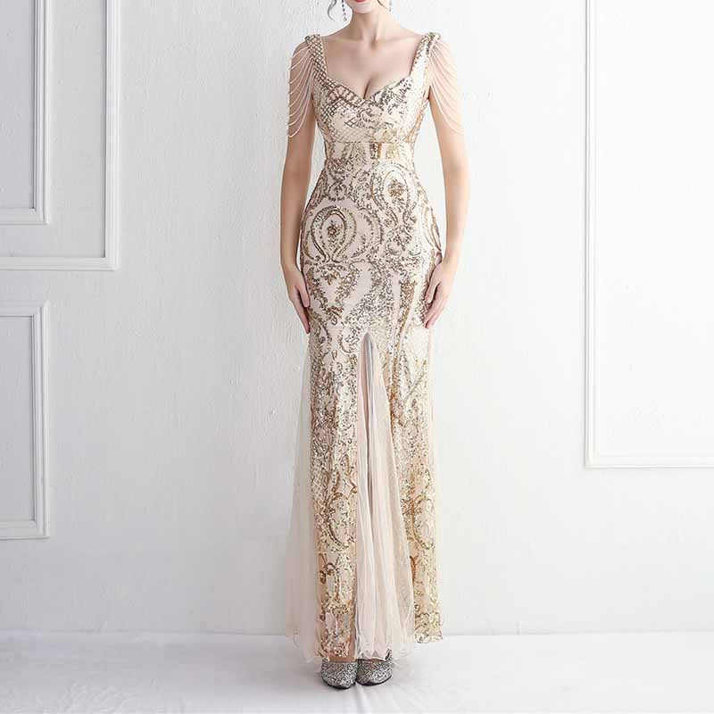 Women's Illusion Embroidery Elegant Mermaid Evening Dress S-4XL