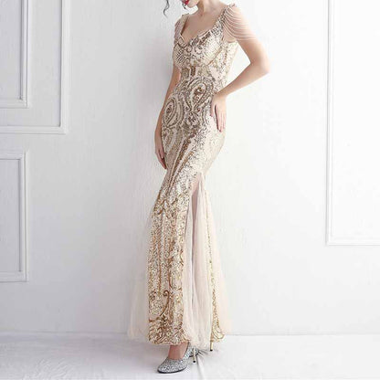 Women's Illusion Embroidery Elegant Mermaid Evening Dress S-4XL