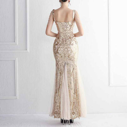 Women's Illusion Embroidery Elegant Mermaid Evening Dress S-4XL