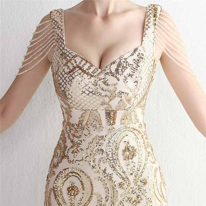 Women's Illusion Embroidery Elegant Mermaid Evening Dress S-4XL