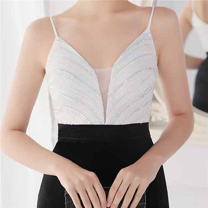 Women's Sexy V Neck Bodycon Sequin Gown Evening Dress with Slit