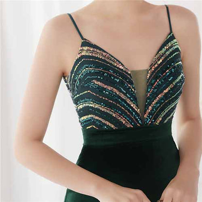 Women's Sexy V Neck Bodycon Sequin Gown Evening Dress with Slit