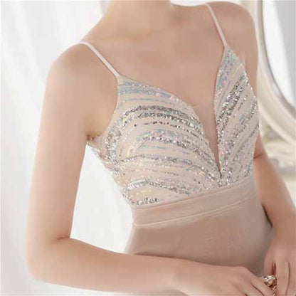 Women's Sexy V Neck Bodycon Sequin Gown Evening Dress with Slit