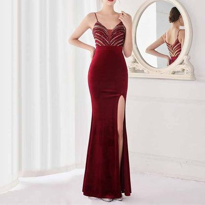 Women's Sexy V Neck Bodycon Sequin Gown Evening Dress with Slit