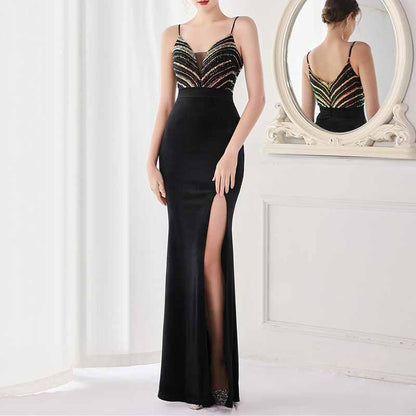 Women's Sexy V Neck Bodycon Sequin Gown Evening Dress with Slit