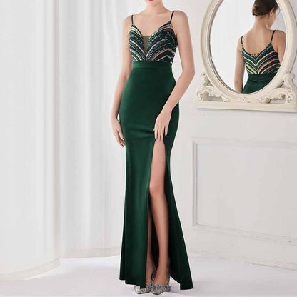 Women's Sexy V Neck Bodycon Sequin Gown Evening Dress with Slit