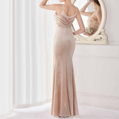 Women's Sexy V Neck Bodycon Sequin Gown Evening Dress with Slit