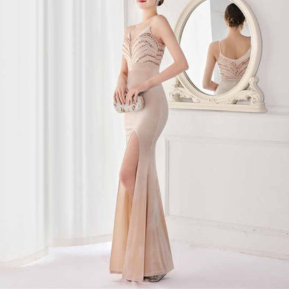 Women's Sexy V Neck Bodycon Sequin Gown Evening Dress with Slit
