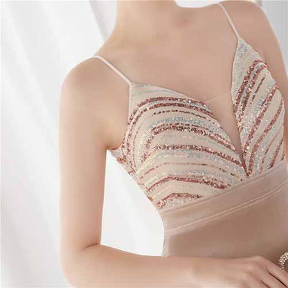 Women's Sexy V Neck Bodycon Sequin Gown Evening Dress with Slit