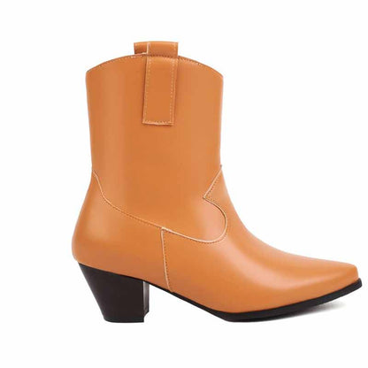 Block Heel Ankle Boots Pointed Toe Leather Booties