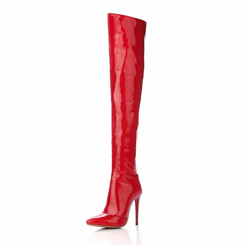 Women's Patent Leather Pointy Toe Sexy Stiletto Over The Knee Boots